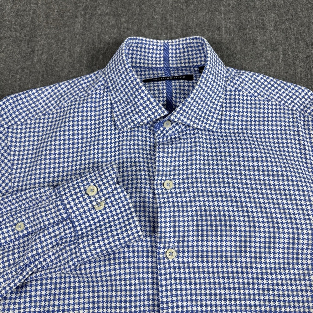 Hammer Made Men's Dress Shirt 39/15.5 Blue White Houndstooth Long Sleeve